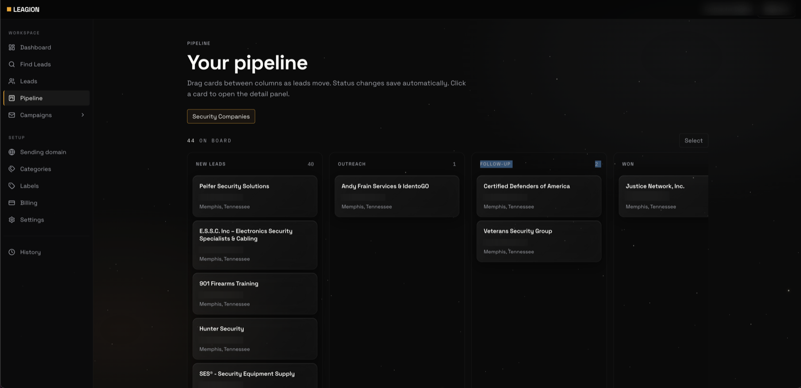 Leagion Kanban pipeline: new leads, outreach, follow-up, won