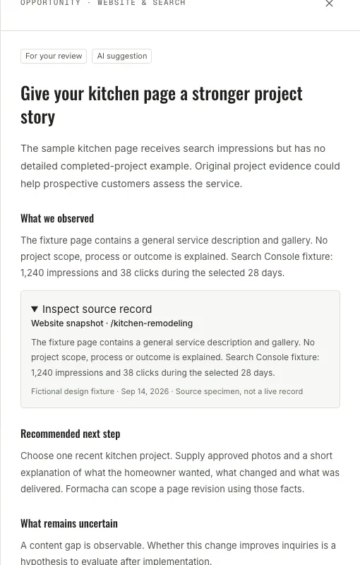 Formacha One opportunity detail: what was observed, the recommended next step, what remains uncertain and a request-review button