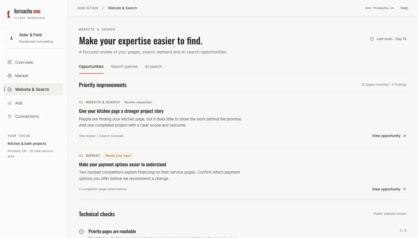 Formacha One website and search view: prioritized page findings for the business